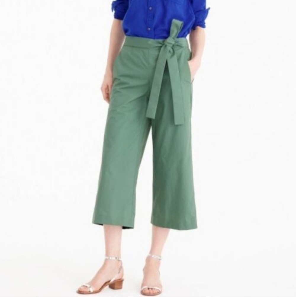 J. Crew Rory Green Cotton Wide Leg Cropped Front Tie Pants - Picture 3 of 8
